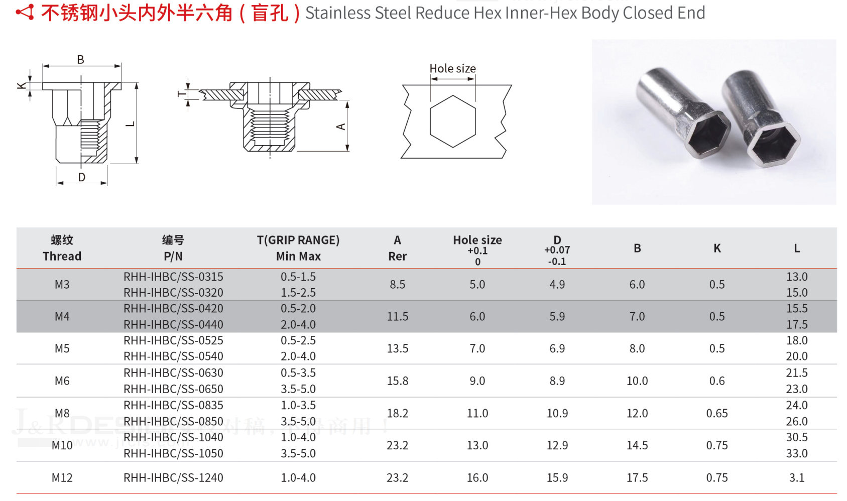 不锈钢小头内外半六角盲孔参数